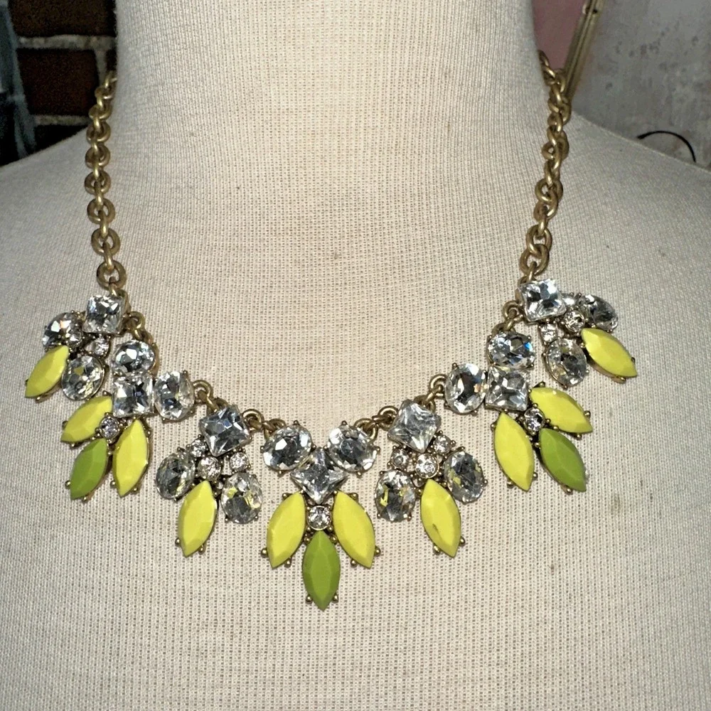 J.Crew Statement Necklace Women OS Yellow Green Gold Bib Cluster Crystal